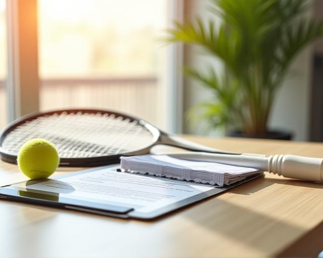 Racchetta da tennis e documenti legali su sfondo chiaro